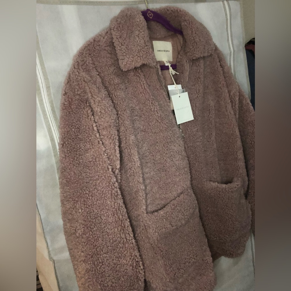 Thread & Supply Teddy Sherpa Full Zip Jacket Coat in Color Adobe Rose - Picture 5 of 12